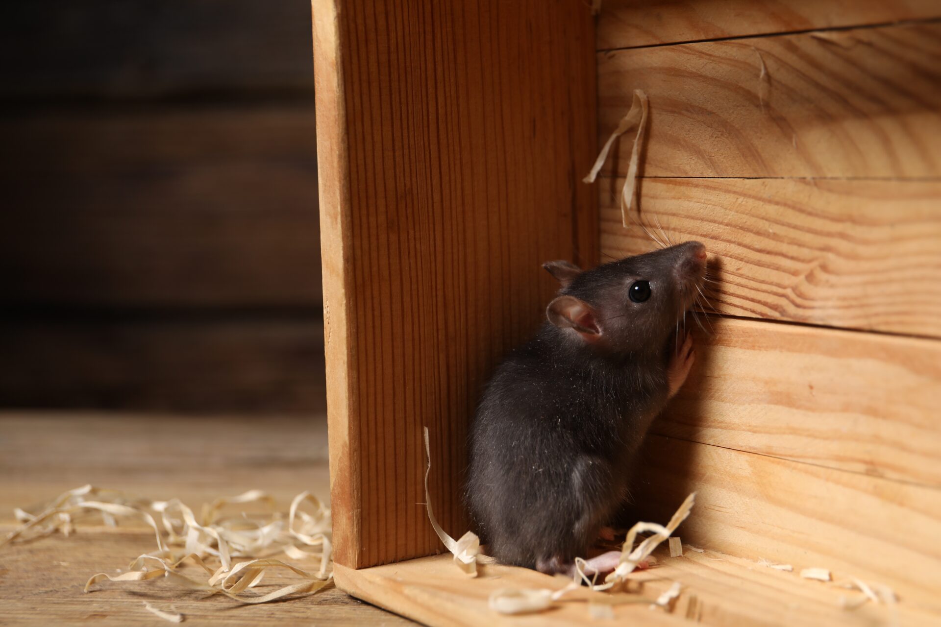 A small rodent nesting inside a wooden structure, representing the search for warm shelter and nesting materials during the cooler autumn months.